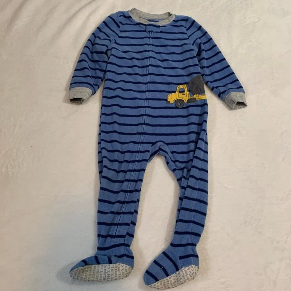 5/$25 Carter's Boys Blue Striped Fleece Footed Pajamas Dump Truck‎ Sleeper 24M